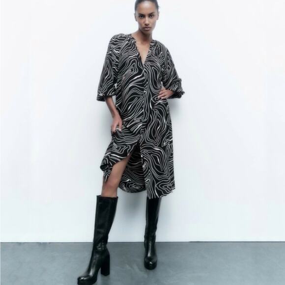 Zara Women's Printed Button Front Midi Dress Black White Size XL - Picture 8 of 8